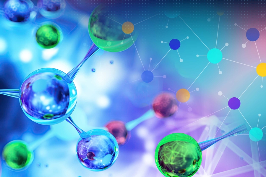 Abstract illustration of brightly colored molecular structures on a blue gradient background.