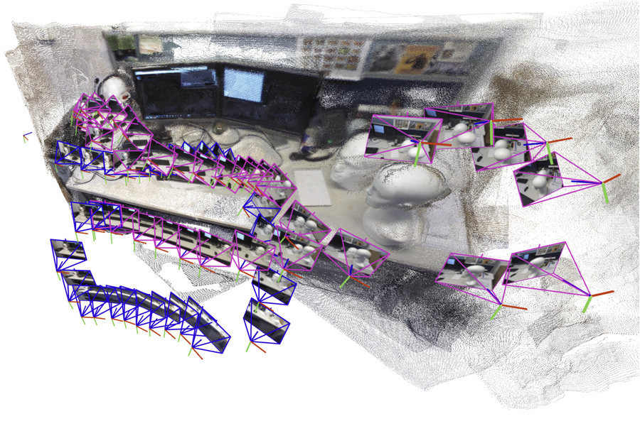 Figure shows the flight path of a drone that captures photos, and the partially generated office cubicle it senses.