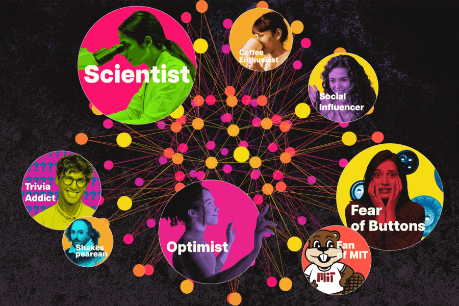 Colorful network map on dark background connecting personality archetypes (Scientist, Optimist, Social Influencer, MIT mascot, etc.) through intersecting lines and colored nodes.