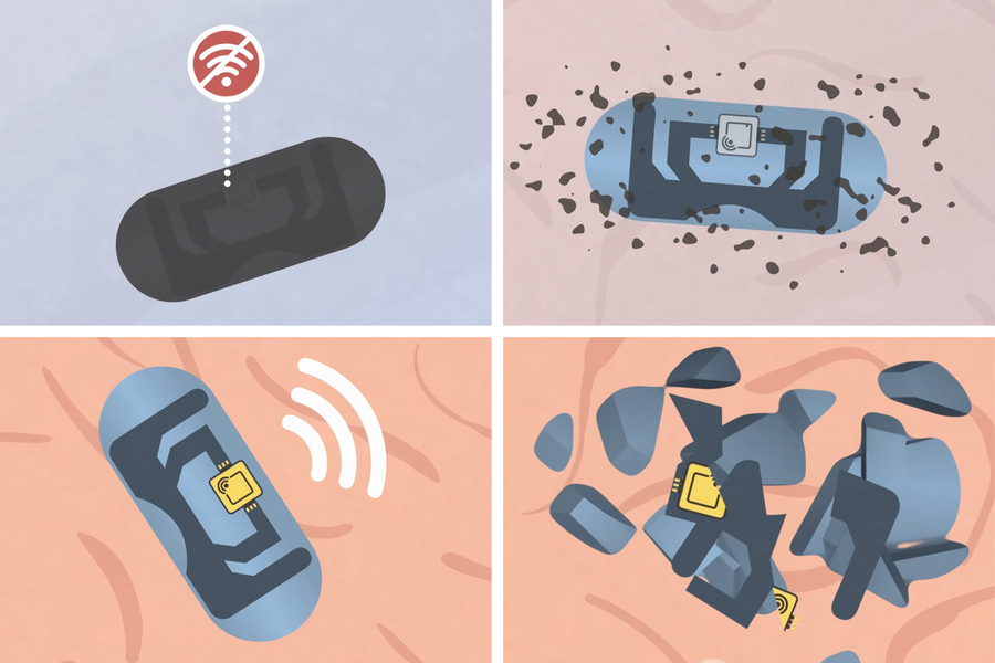 Four‑panel illustration showing a small capsule pill that activates, transmits a signal, and breaks apart.