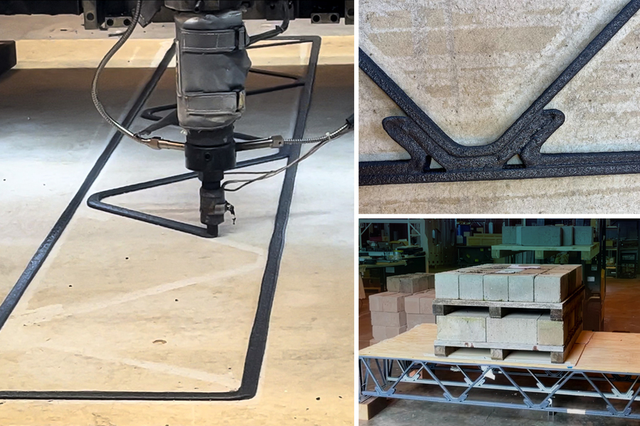 Close-up of a machine extruding material in a precise pattern, a detailed view of the printed structure, and a platform holding stacked bricks.