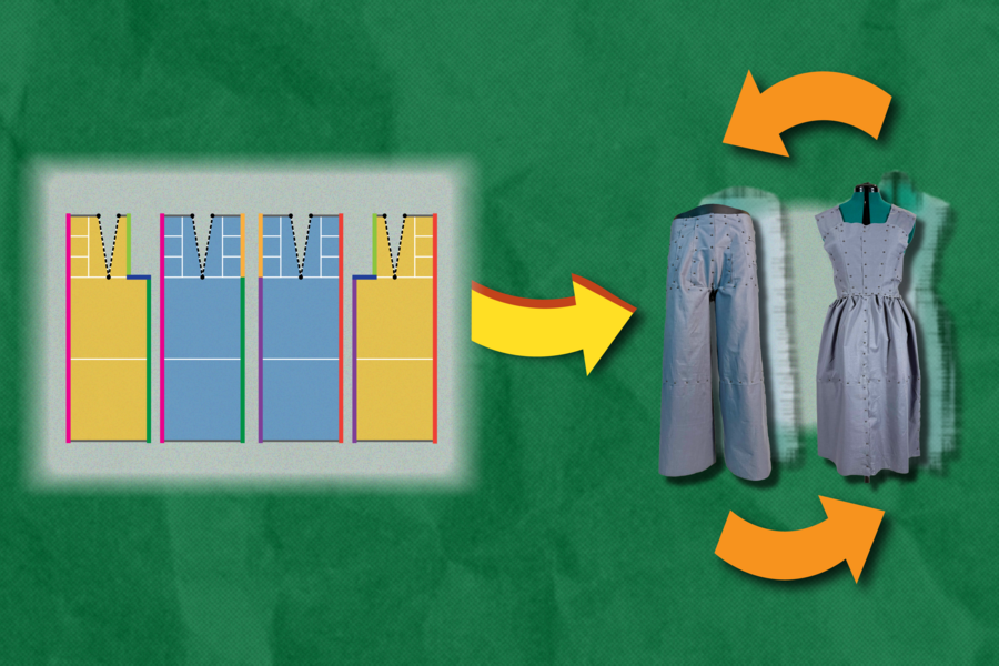 At left, four panels representing bolts of fabric, with an arrow pointing to a pair of jeans and a skirt. Arrows above and below the clothing indicate interchangeability.