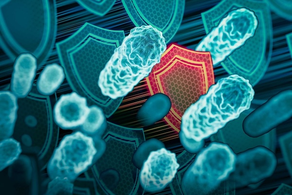 Digital illustration of bacteria and shield icons, with one red shield among blue shields and microbes.