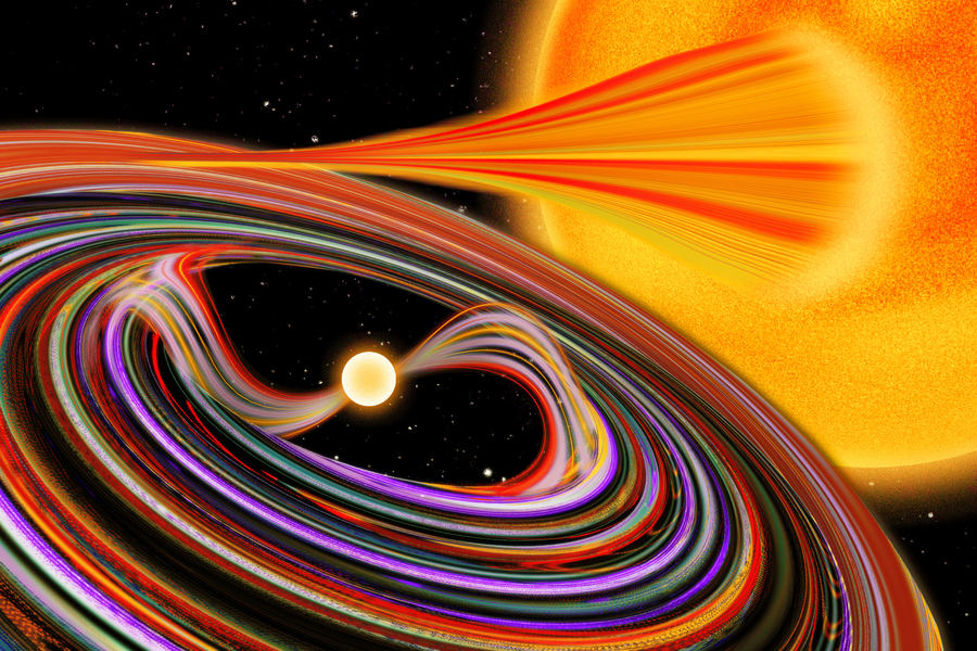 Illustration of star with yellow solar flare emitting energy beam toward white dwarf surrounded by colorful magnetic field lines.