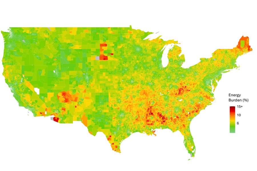 A color-coded map of the United States showing energy burden by county, ranging from green (around 6%) to red (15% or higher), with the heaviest concentrations in the Southeast and parts of the Southwest.