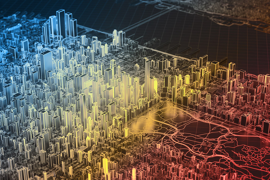 Digital illustration of a city skyline rendered as a glowing wireframe model transitioning from cool blue on the left to warm red and yellow tones on the right, representing AI-driven smart grid energy mapping