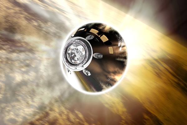A metallic spacecraft capsule viewed from above, surrounded by a bright, glowing atmosphere with streaks of light radiating outward, suggesting high-speed reentry into a planet’s atmosphere.