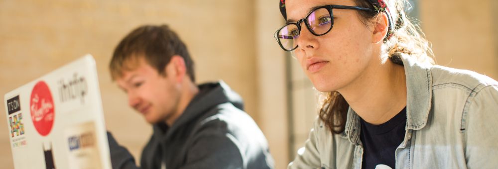 Two students work on laptops in a sunlit room, one focused intently and the other slightly blurred in the background.