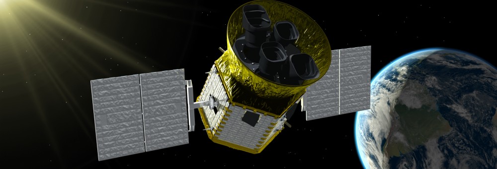 Satellite with solar panels orbits Earth with the Sun shining brightly in the background.